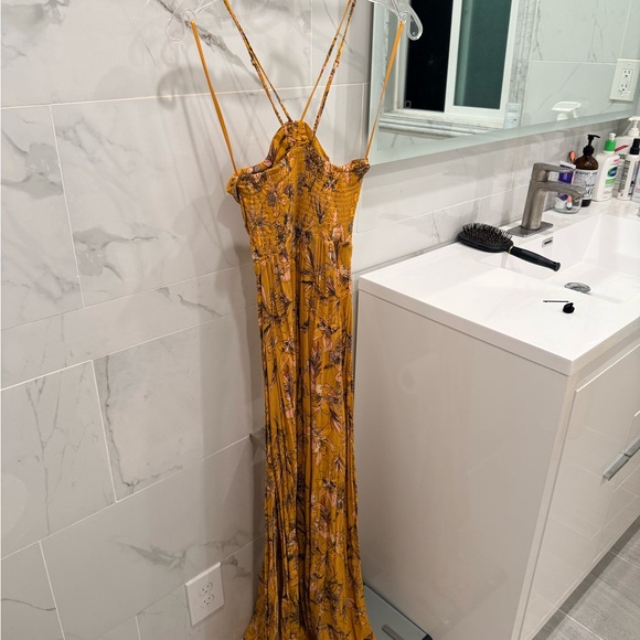 Free People Mustard Floral Maxi Dress with Spaghetti Straps - Picture 2 of 3